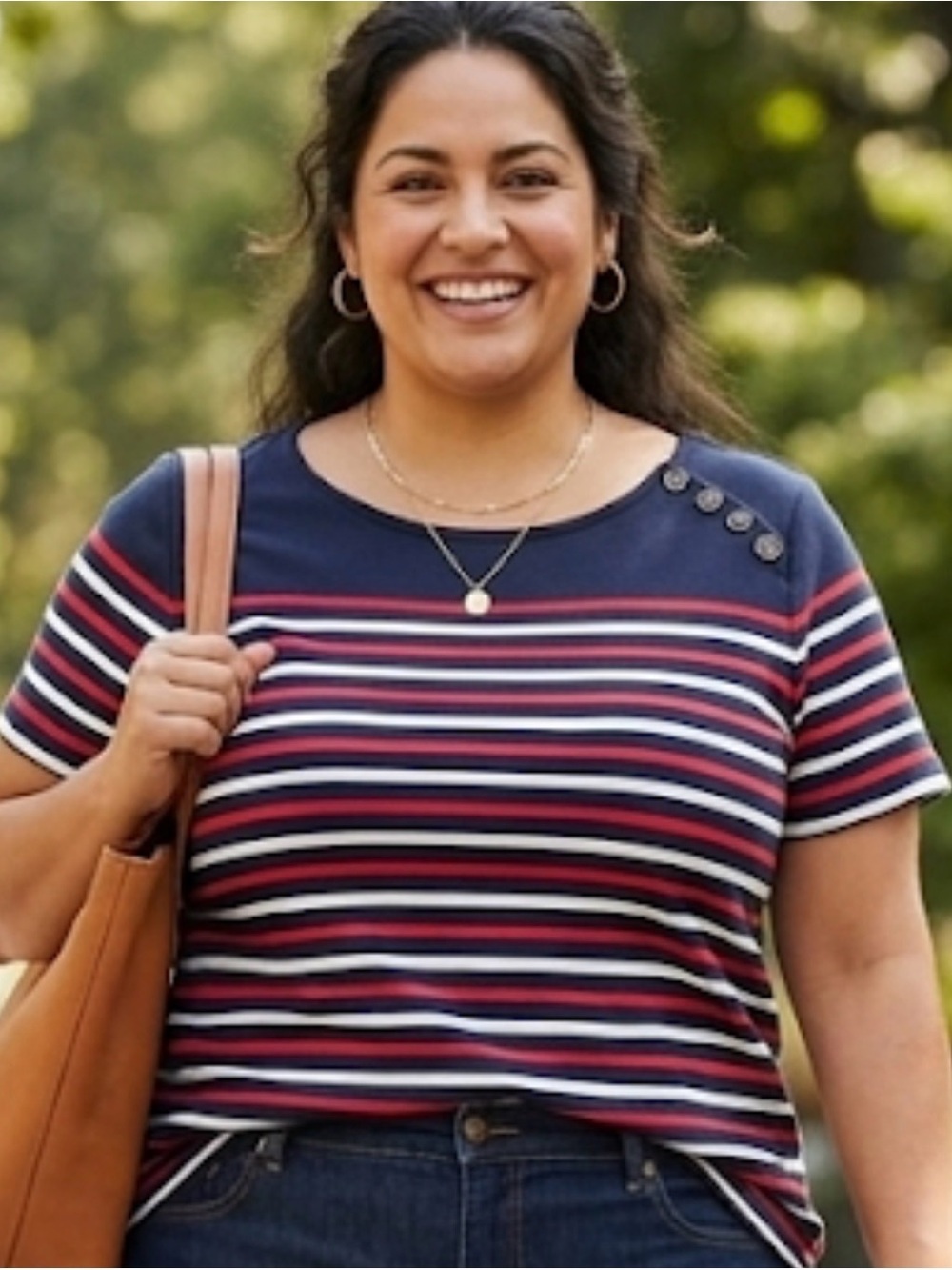 Chaps Navy Striped Short-Sleeve Tee with Shoulder Buttons